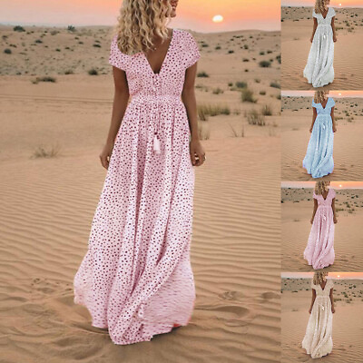 #ad Women#x27;s Polka Dot V Neck Long Maxi Dress Ladies Boho Summer Holiday Sundress US $18.98