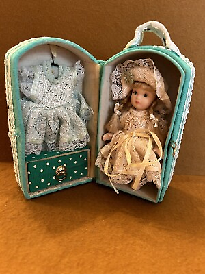 #ad small 12quot; Porcelain Doll in cloth Carry Case Wardrobe Box And Extra Dress e1 $22.00
