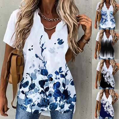 #ad Boho Womens Floral Short Sleeve V Neck T Shirts Ladies Casual Blouses Top Beach $15.24