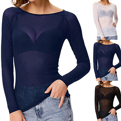 #ad Womens Mesh See Though Long Sleeve Base Shirt Ladies Sexy Club Party Tops Blouse $13.48