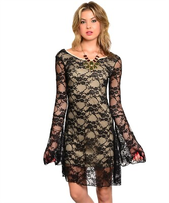#ad Black Lace Overlay Dress Size Medium Bell Sleeve Lined $24.95