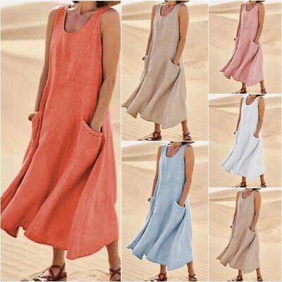 #ad Women#x27;s Cotton Linen Sleeveless Maxi Dress Ladies Solid Pockets Summer Sundress $19.35