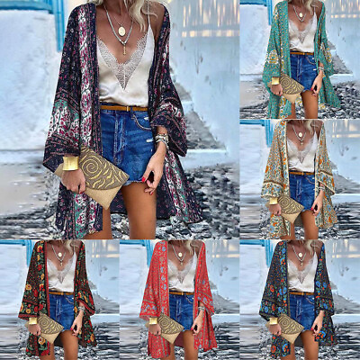 #ad Womens Boho Floral Kimono Cardigan Summer Beach Holiday Loose Bikini Cover Up US $14.32