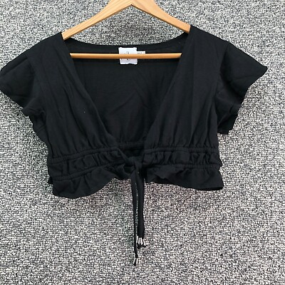 #ad Polly Cropped Top Blouse Black Teens Womens Sz 2 Short Sleeve Front Tie $7.79