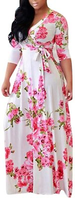 #ad Olens Women 3 4 Long Sleeve Wrap V Neck Floral Printed Long Maxi Dress Plus Size $68.92