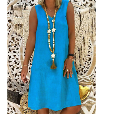 #ad Summer Women#x27;s Cotton Linen V neck Sleeveless Baggy Holiday Sun Dress Plus Size $20.05
