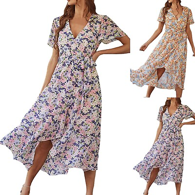 #ad Women#x27;s Floral Print Boho Dress Wrap V Neck Ruffle Belted A Line Flowy Maxi $21.88