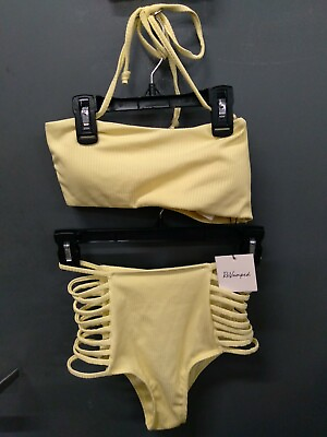 #ad ReVamped Womens Pastel Yellow Bikini Set Halter Top S High Bottoms XS $16.00