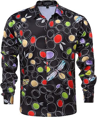 Mens Luxury Brand Printed Silk Like Satin Button Down Dress Shirt for Party Prom $118.84