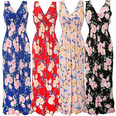 #ad Women#x27;s Deep V Neck Roses Smocked Waist Summer Sundress Long Dress $18.95