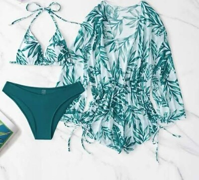 #ad #ad Women#x27;s Swimsuit Set 3 Piece Tropical Print Drawstring Cover up And Bikini $29.99