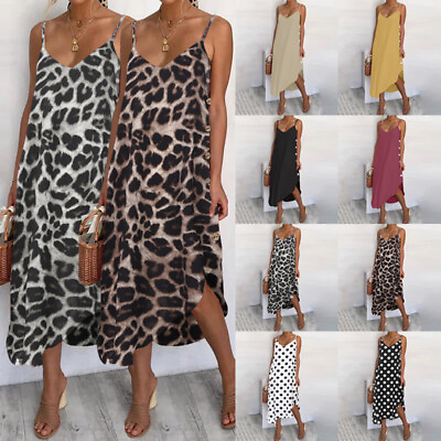 #ad Plus Size Women#x27;s Casual V Neck Midi Dress Ladies Holiday Beach Strappy Sundress $15.04