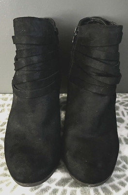 Womens Boots Size 10 Fergie Brand Black Heel Suede Fauz Leather Buckles Booties $19.00