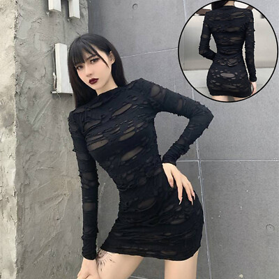 #ad New Gothic Black Mini Dress Long Sleeve Streetwear Rock Punk Party Dresses $22.13
