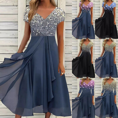 #ad Plus Size Women Party Midi Gown Print Short Sleeve Swing Dress Evening Cocktail $20.17