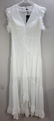 Giffnisetti Long Sleeveless White Ruffle Dress V Neck Slightly Flare Sz XL NWT $28.19