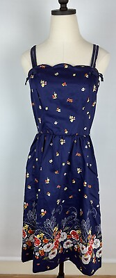 VTG 70s 80s Floral Print Sun Dress S Scalloped Neckline Navy Blue Romantic Cute $29.99