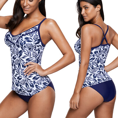 Blue Floral Mosaic Yoga Sport Tankini Bra Top Bikini Solid Bottom Swimwear S 3XL $5.15