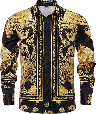 Mens Luxury Brand Printed Silk Like Satin Button Down Dress Shirt for Party Prom $119.15