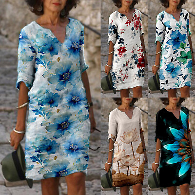 #ad Women Dresses Casual Spring Summer Print Knee Breathable Stretch Party Dress $16.03