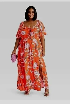 #ad Ava amp; Viv Dress 3X New Orange Flowy Flutter Sleeve Maxi Sundress W Pockets NWT $34.99