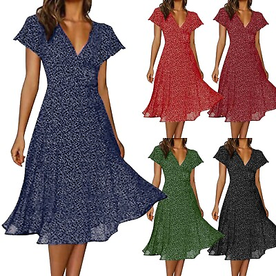 #ad Womens Boho Floral Midi Dress Ladies Short Sleeve Summer Beach Holiday Sundress $10.67