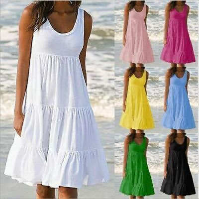 Women#x27;s Lady Summer Beach Smock Dress Casual Holiday Loose Frill Mini Sundress $15.39