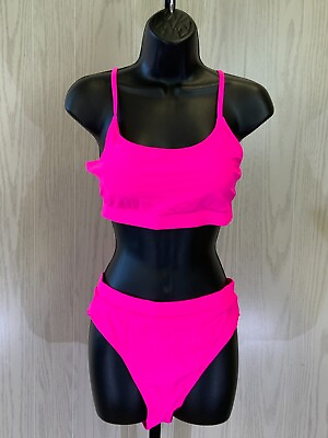#ad Women#x27;s Two Piece Solid High Waisted Bikini Set Size M Hot Pink NEW MSRP $89 $16.99