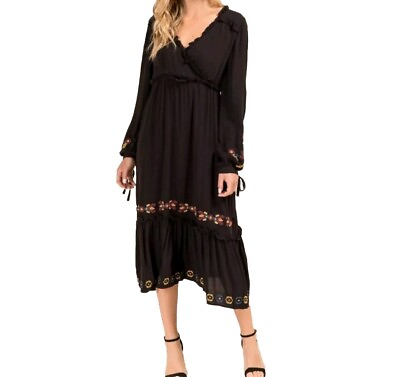 #ad #ad Miami Dress Size S Embroidered Peasant Black Bohemian Boho Flowy Deep V $25.00