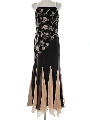 #ad Vera Mont France Size 38 Black Long Maxi Dress Silk 100% Sleeveless Sequins $118.49