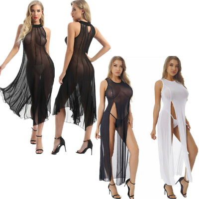 #ad Women Sheer Mesh Long Maxi Dresses Beach Swimwear See Through Cover UpsG string $18.79