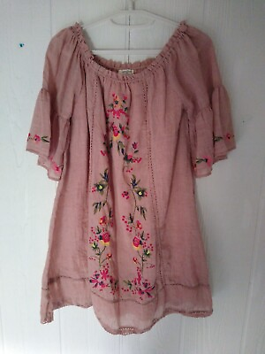 Umgee Boho Dress Womens L Short Ruffle Sleeve Round Neck Floral Embroidery Pink $29.99