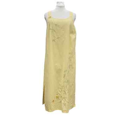 #ad #ad Silhouettes Maxi Sundress XL Cotton Linen Yellow Floral Embroidered Cottagecore $19.95