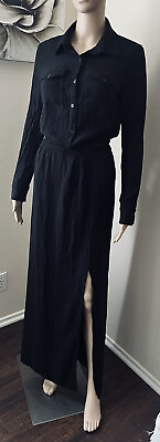 #ad SPLENDID Women’s MAXI DRESS Long Sleeve Front Pockets Side Slit Black sz S $20.60