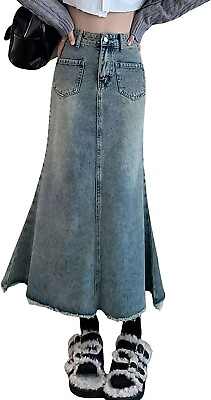 Women Casual Frayed Fishtail Denim Maxi Skirt Long Jean Skirt Mermaid Distressed $14.99