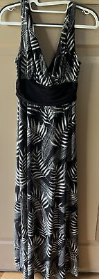 #ad London Times Black With White Palm Print Sleeveless Maxi Dress Size 8 $23.00