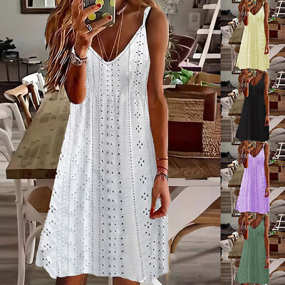 #ad Womens Summer Strappy V Neck Cami Dress Hollow Out Holiday Beach Boho Sundress $18.76