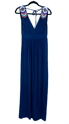 #ad S Twelve Women Maxi Dress Medium Blue Sleeveless V Neck Multicolor Bead Accent $21.97