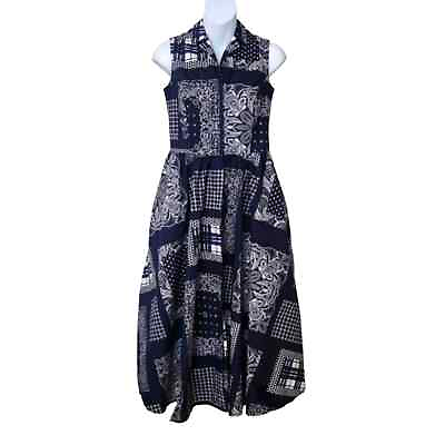 #ad ISAAC MIZRAHI Navy Blue White Multi Print Sleeveless A line Maxi Summer Dress XS $35.00
