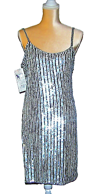 #ad Vintage Dress XL Silk Sequins Black Silver Stripe Spaghetti Strap Jon Charles Vi $75.00