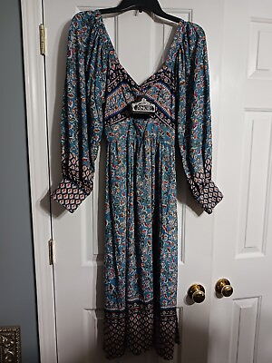 #ad NWT Women#x27;s Jr Girls Angie LS Blue Floral Maxi Dress Size M Peasant Smocked $18.95