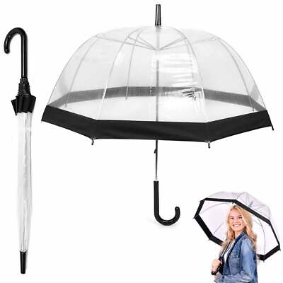 Clear Bubble Umbrella Adults Girls Long Stick Rain See Through Dome Black Trim $15.99
