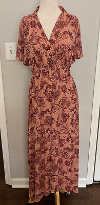#ad Isabel Maternity Womens Maxi Dress Salmon Floral Short Cap Sleeve V Neck Sz Lge $29.40