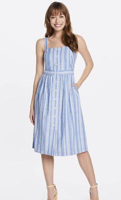 Draper James Blue Striped Apron Dress Button Front Strap Pockets Summer Size 10 $28.00