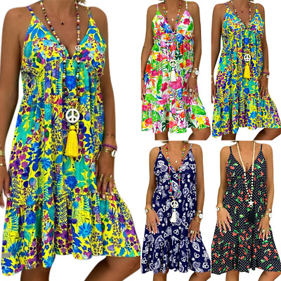 #ad Plus Size Womens Floral Beach Strappy Dress Loose Casual Summer Tunic Sundress $24.77