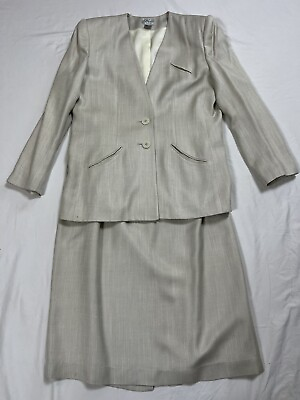 #ad Glenbrooke Women#x27;s Cream Gray Soft Skirt Suit Set Sz 14 Shoulder Pads Vintage $66.00