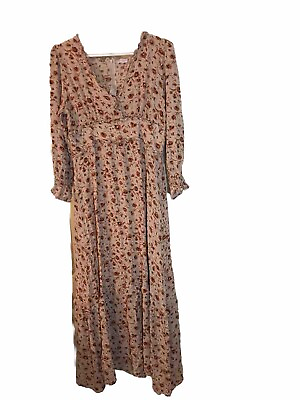 #ad Pink Lily long sleeve floral maxi dress Beautiful Peach Flowers Boho Size L $24.95