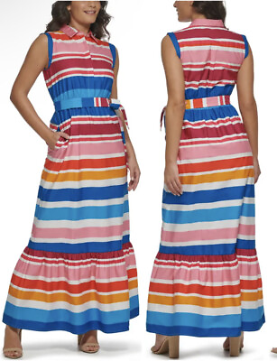 #ad Kensie Striped Sleeveless Ruffle Hem Colorful Collared Maxi Dress Size 4 NEW $26.99