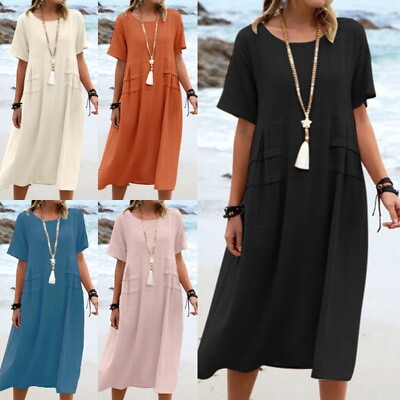 #ad Ladies Long Dress Short Sleeve Midi Dresses Solid Color Crew Neck Women Sundress $28.69