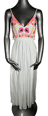 #ad Raga NWT Embroidered Backless White Pink Purple Long Maxi Dress Extra Small XS $69.00
